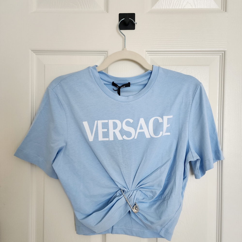 NWT Versace Light Blue Women's Safety Pin Cropped Top Size 38/Small